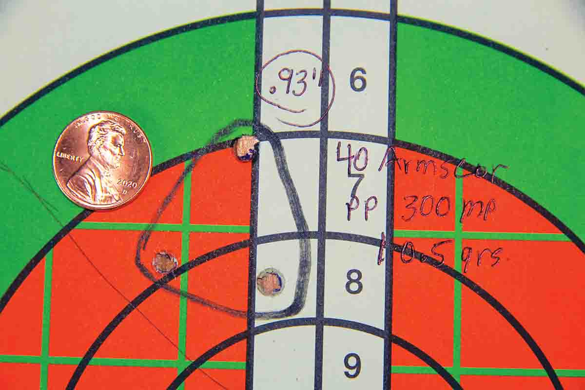 The tightest group of the entire .22 TCM test was produced using Armscor’s 40-grain hollowpoint and 10.5 grains of Alliant Power Pro 300-MP. That .93-inch group left the muzzle at 1,864 fps.